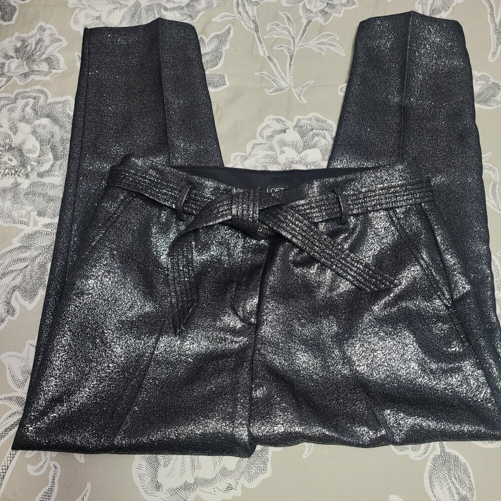 LOFT Sparkly Grey/Silver/Black Belted Ankle Pants Size 8 NWT